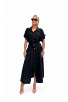 Sukienka Koszulowa Maxi Premium Wiązana w Pasie Elegancka Oversize Guziki Kieszenie - czarny